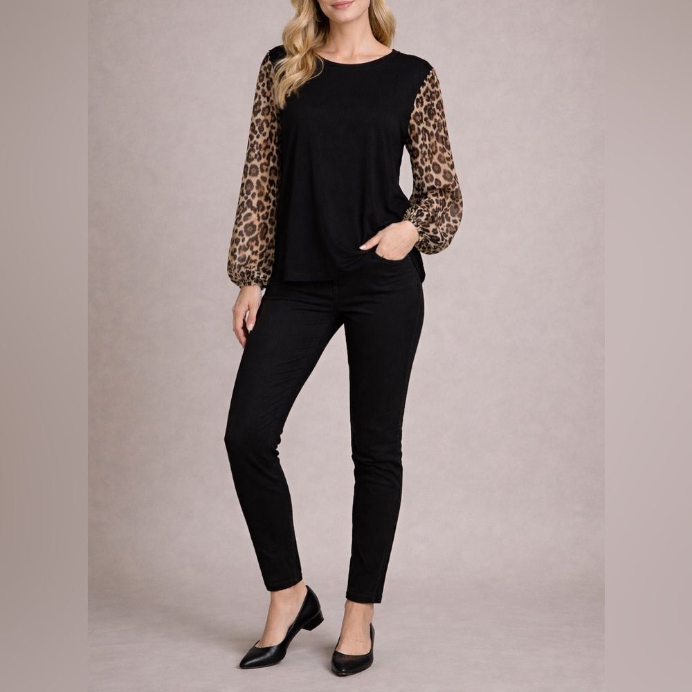 Tahari Black Top with Leopard Print Sleeves